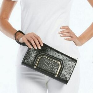 Jennifer Lopez Black Gold Tone Textured Diamond Style Adriana Clutch